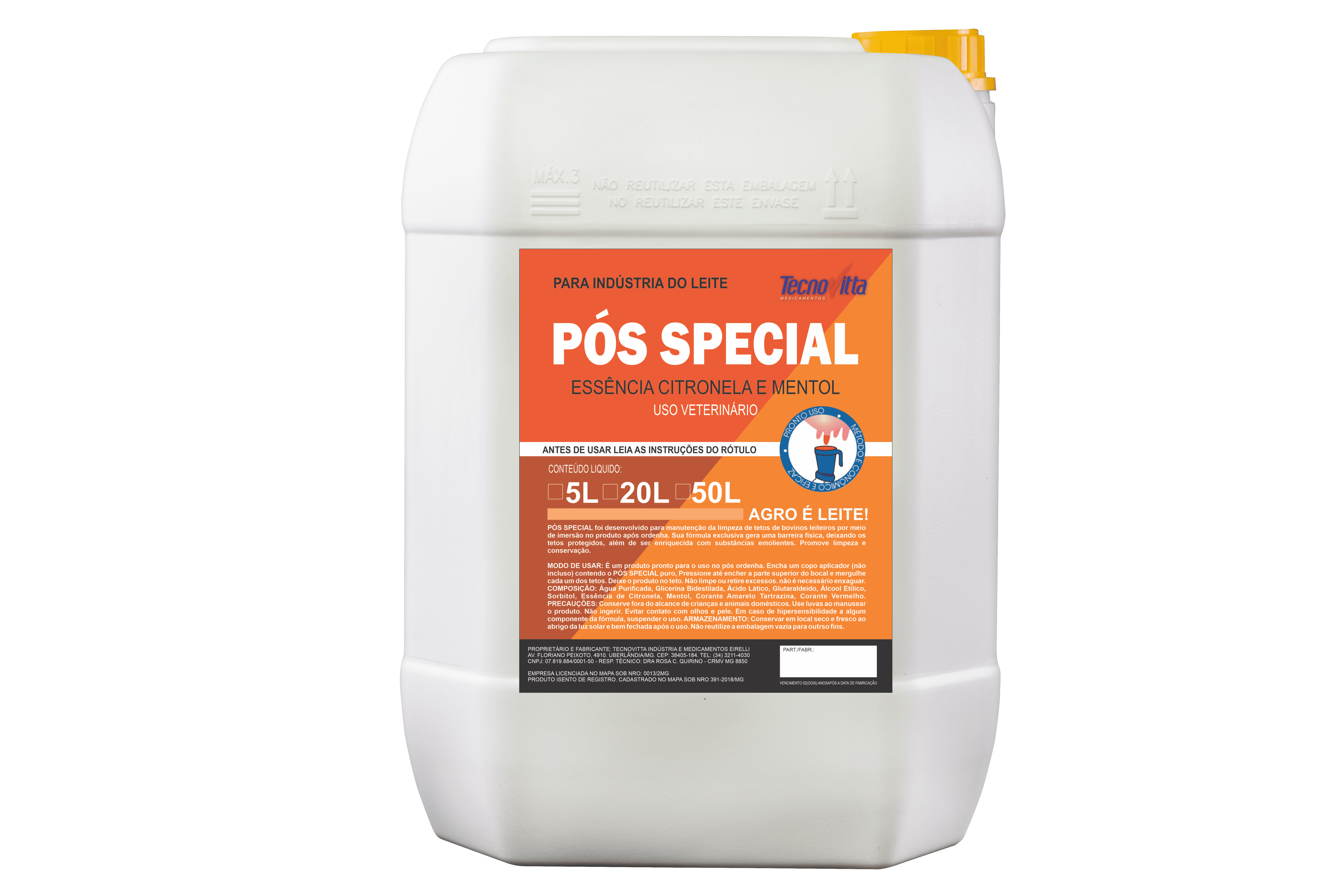 Pós-Dipping à base de ácido lático, mentol e citronela, com formação de filme protetor, efeito marcador prolongado, sem gotejamento. Hidrata e protege os tetos dos principais agentes causadores da mastite. O mentol promove um efeito refrescante e calmante. A citronela é um repelente natural de moscas, reduzindo o risco de irritação e infecções nos tetos.