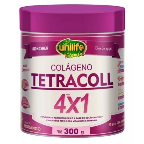 Colágeno Tetracoll 4X1 Sabor morango 300g Unilife Vitamins