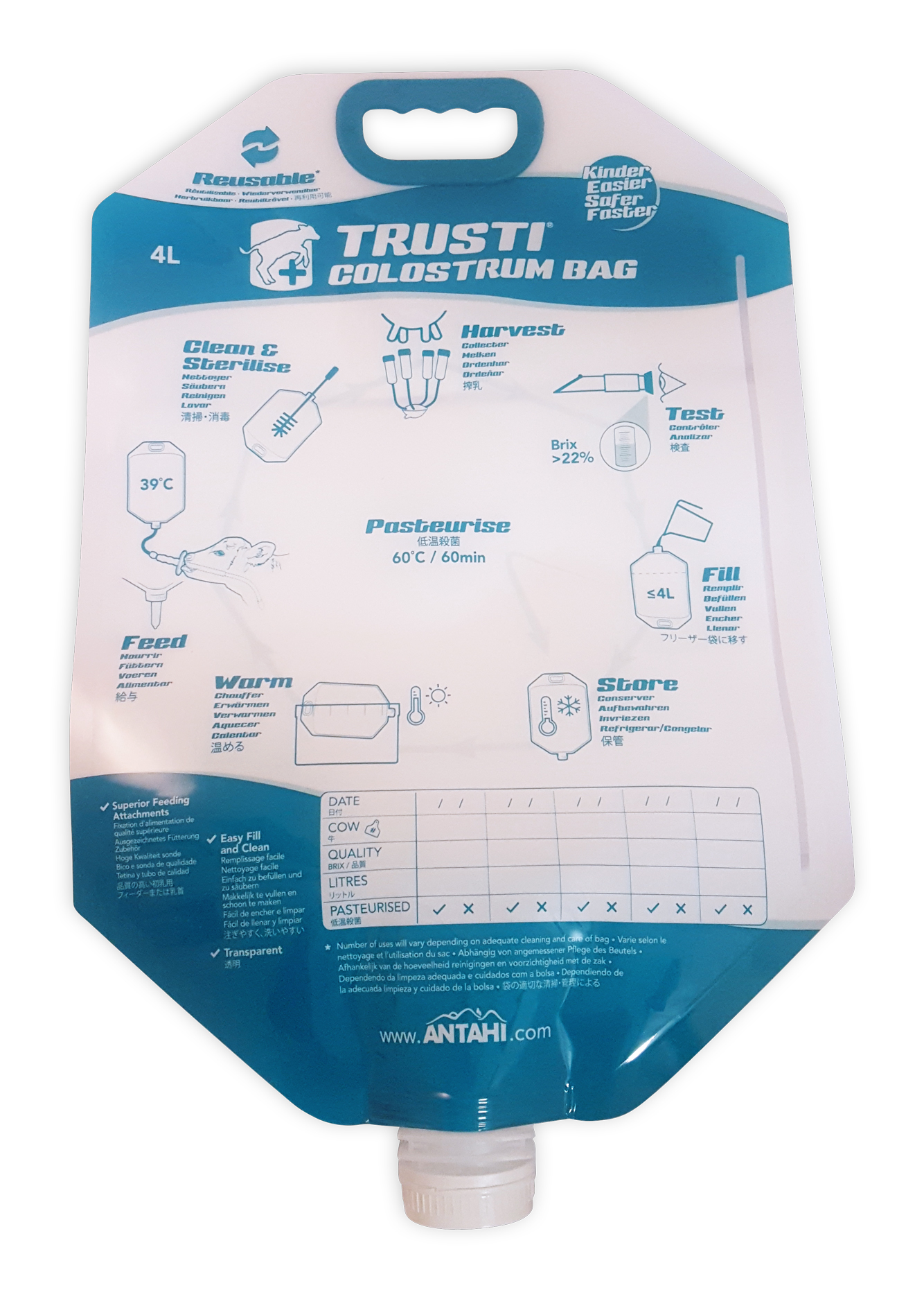 Saco para armazenamento e congelamento de colostro. 

​Capacidade de 04 litros.
Reutilizável para 05 alimentações - a única bolsa projetada para ser reutilizada.
Durabilidade e design fácil de limpar.
Saco expansível - facilita a secagem após limpeza.
Boca larga - fácil enchimento e limpeza.
Lado transparente - permite visualizar o conteúdo.
Praticidade - descongele em menos de 20 minutos.
Fácil de pasteurizar.
Alça confortável.