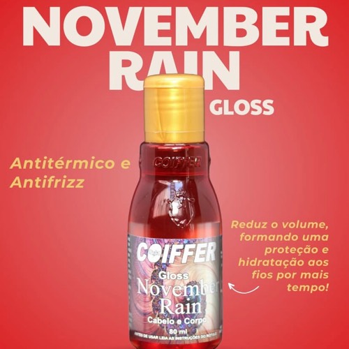 O Finalizador Gloss November Rain Coiffer tem a finalidade de doar brilho e perfume, maciez aos fios, reduz o volume, formando uma proteção e hidratação aos fios por mais tempo! A embalagem do produto pode variar de formato conforme disponibilidade em estoque
COMPOSIÇÃO:
Pantenol, ceramidas, queratina, enxofre, vitaminas e sais minerais, além de colágeno e lipídeos.