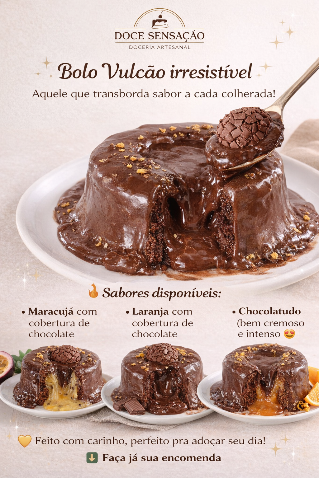🍫 Bolo Baby Vulcão de ChocolateBolo fofinho de chocolate com recheio cremoso bem chocolatudo, escorrendo por cima. Perfeito pra matar a vontade de doce!