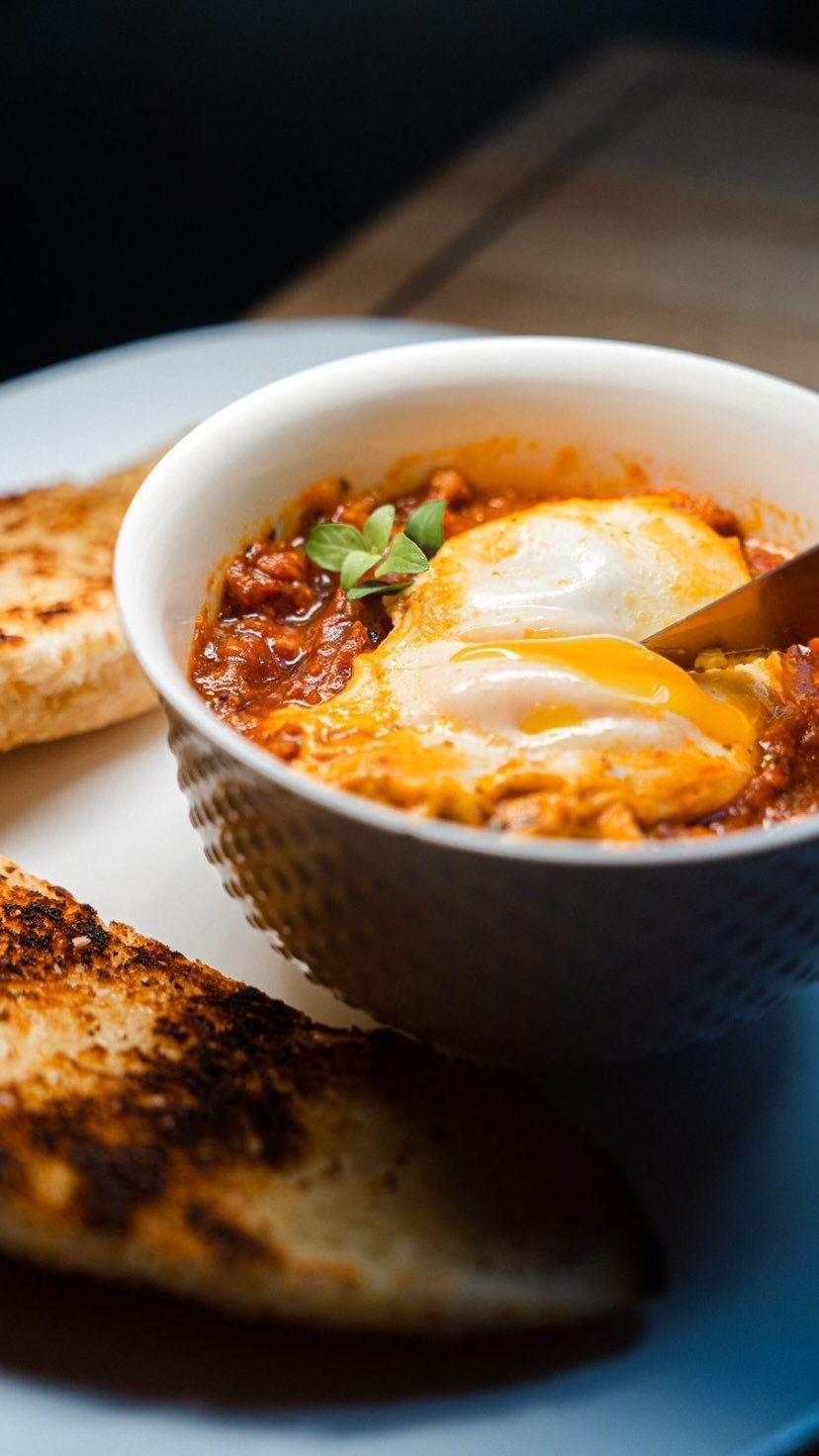 Ovo feito no vapor com molho de tomate e linguiça. Acompanha toast de pão