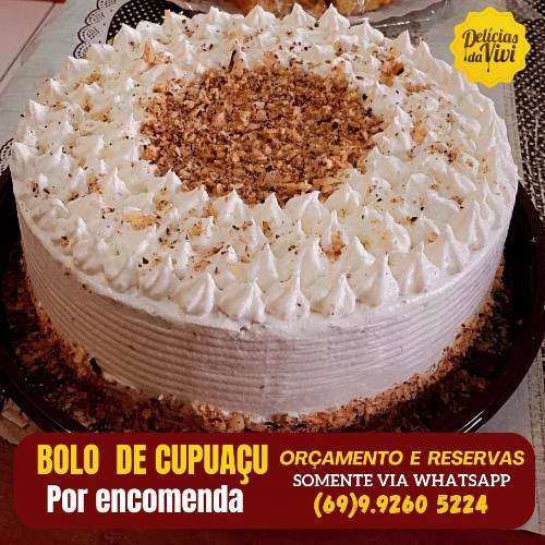 SOMENTE POR ENCOMENDA 
Orçamento e reservas,  via WhatsApp (69) 9.9260 5224 

Bolo de  CASTANHAS E CUPUAÇU
Massa com castanhas, deliciosamente amanteigada e molhadinha, em duas versões: 

• Recheio e cobertura de creme de Cupuaçu;

• Recheio e cobertura de creme e geleia de Cupuaçu.