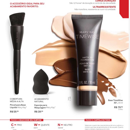 Benefícios da Base Timewise da Mary Kay:

•	Proporciona cobertura média a alta, que pode ser construída (camadas) sem deixar o efeito pesado ou artificial.  ￼

•	Deixa um  matte perfeito, confortável e que não resseca a pele.  ￼

⏱️ Longa duração
	•	Fórmula pensada para durar até 12 horas, controlando a oleosidade ao longo do dia.  ￼