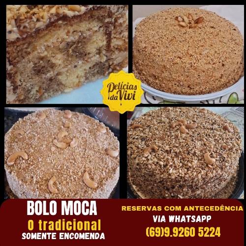 SOMENTE POR ENCOMENDA 
Reserve com antecedência via WhatsApp 69 9.9260 5224. 

Bolo Moca, o conhecido e tradicional das tardes Portovelhenses.  Massa amteigada (com manteiga de verdade, nada de margarina), mesclada com café e chocolate, a cobertura e recheio é com creme à base de manteiga, açúcar, chocolate, café e generosa porção de granulados de castanhas torradas. 
 Se você já conhece essa Delícia regional, sabe do que estou falando. Mas,   se ainda não provou, não perca essa deliciosa oportunidade.  ❤️😋