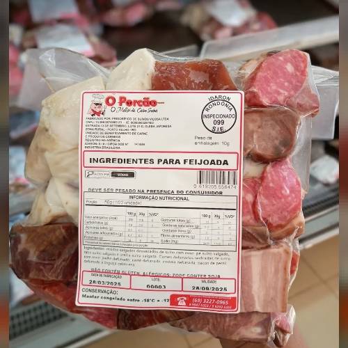 Valor por kg.
Ingredientes para feijoada.
Contém salgados: pé, rabo e orelha; defumados: joelho, carré, costela, bacon e linguiça calabresa.