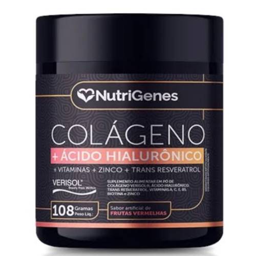 Colágeno + ácido hialurônico, Vitaminas, Zinco, Trans-resveratrol. 180g. Sabor de frutas vermelhas. Nutrigenes.
