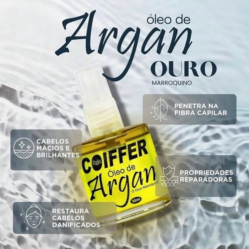 Oleo de argan é resultado da pressão mecânica das amêndoas extraídas da árvore proveniente do sul do Marrocos. Rico em vitamina E, possui propriedades antioxidantes que restauram e fortalecem profundamente os cabelos.
Proporciona brilho e suavidade aos fios, pois é rapidamente absorvido, deixando os cabelos com leveza e aspecto natural. Ilumina e desodoriza, deixando seus cabelos fáceis de serem cuidados. O Óleo de Argan Coiffer é considerado O Ouro puro Marroquino.
COMPOSIÇÃO:
Rico em vitamina E