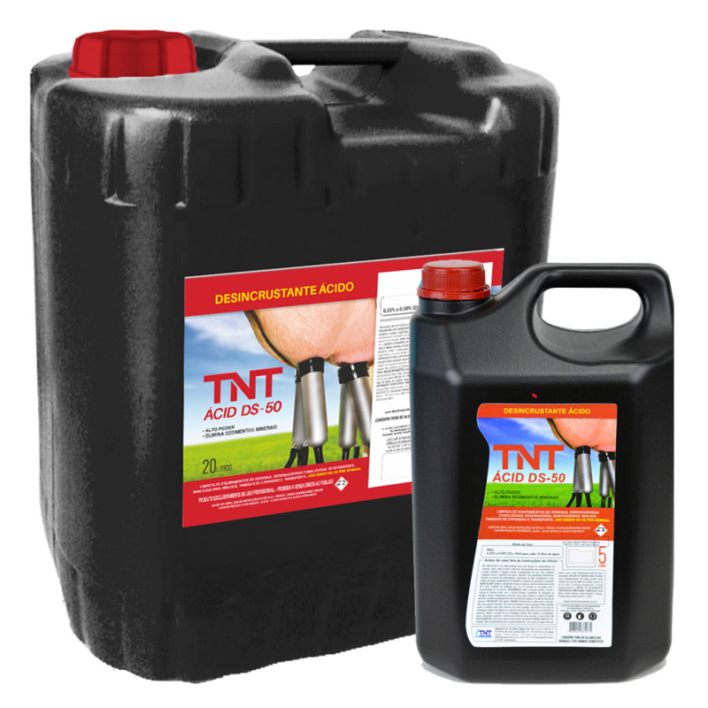 Desincrustante Ácido para limpeza de ordenhadeiras com formulação exclusiva para eliminação de sedimentações minerais, cálcio, pedra de leite e albumina.