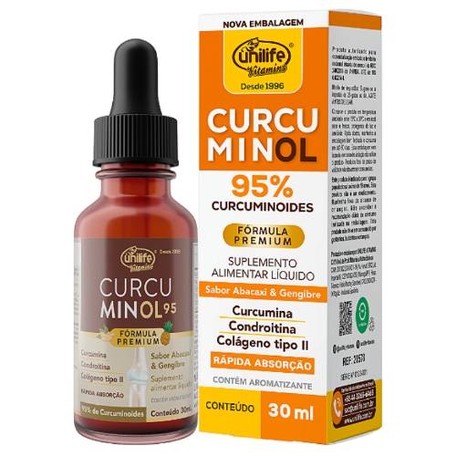 Curcuminol - suplemento alimentar com Curcumina, Condroitina e Colágeno tipo II. Sabor Abacaxi & Gengibre. 30ml. Unilife Vitamins.