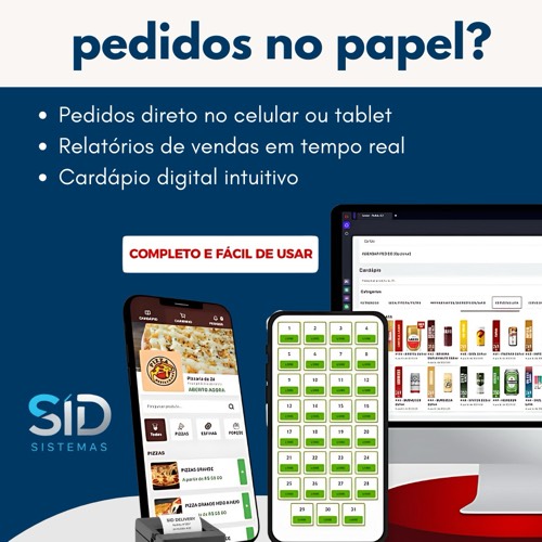 Chega de anotar pedidos no papel!
• Faça tudo direto no celular ou tablet.
In Tenha relatórios de vendas em tempo real.
• Cardápio digital fácil e intuitivo.
• Modernize seu negócio com a SID Sistemas!